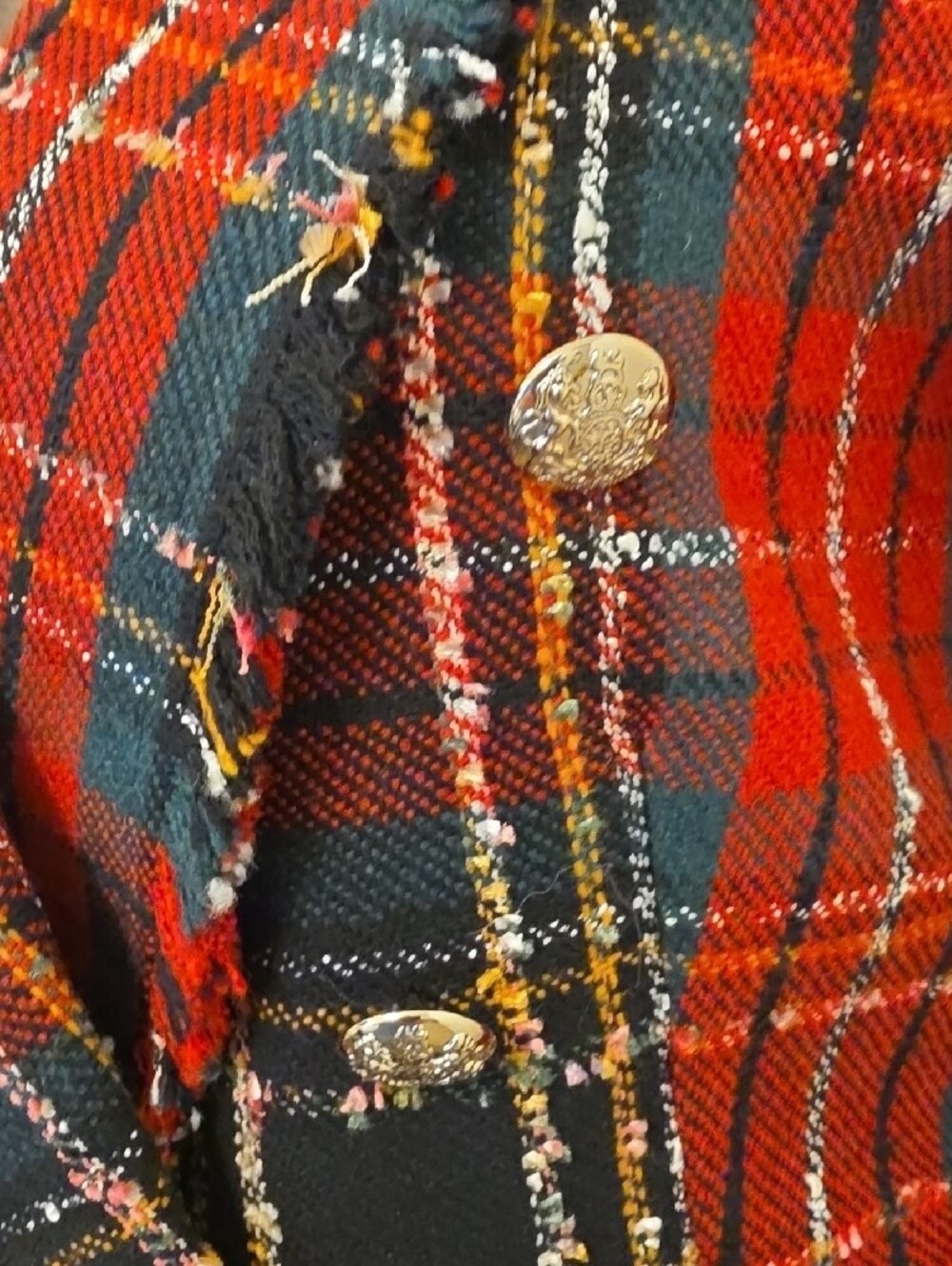 Rachel Zoe Red Black Plaid Fringed Double-Breasted Blazer - Picture 3 of 6